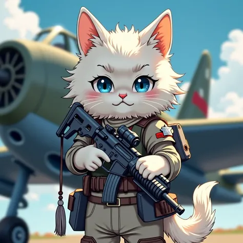  A white anime cat standing in front of a fighter holding a rifle, Furry Art, Fluffy fantasy art,  Armored Cat,  cute detailed digital art best quality , masterpiece,  super detailed high resolution,illustration,  dazzling background color ,White anime cat...