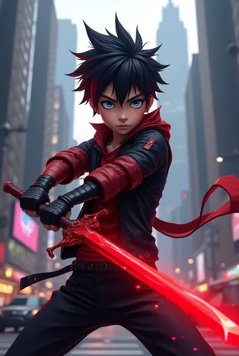 A BOY (BAGROUND: CITY AND CAR ) EYE COLOUR : BLUE SHIRT COLOUR BLACK AND RED HOLDING A SWORD ( SWORD COLOUR : RED ) ( HAIR COLOUR : BLACK AND RED )