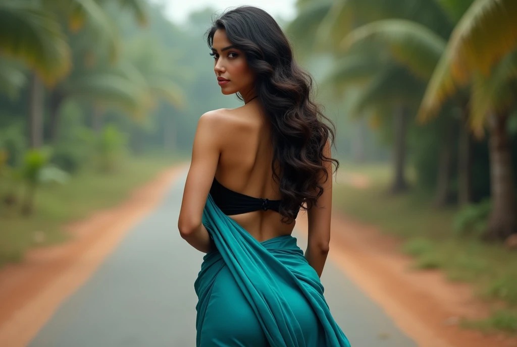 pretty like princess,indian woman turning her head back while showing her back in a indian road,sexy back pose,she is wearing shiny textured cyan satin saree on a black satin u neck short sleeve blouse,photo realistuc,long lush hair,glossy pink lips ,detai...