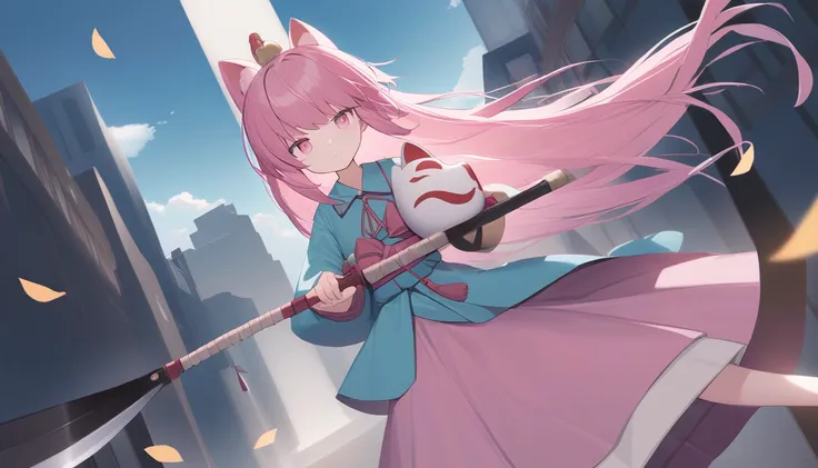 　  Im carrying very long pink hair and a large round bulging pink skirt of Naginata  、　 Pink Eyes 　Turquoise clothes 、   　girl、 light blue naginata seen from the top right  、expressionless、   holding a naginata with a fox mask on the right side of my head　...