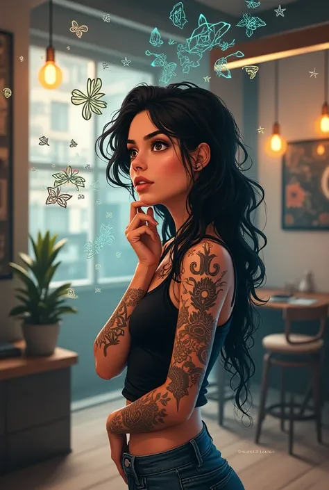 A young woman named Radhika, excitedly thinking about getting a tattoo, with various tattoo designs swirling around her mind, set in a modern environment.