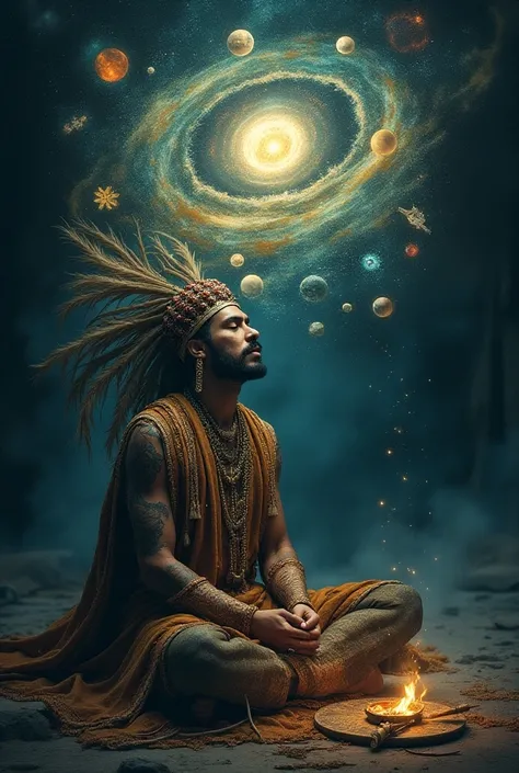 A shaman thinks something in his mind.  A jumble of things come out of his mind. mystical, Cyprutual , Cosmic .