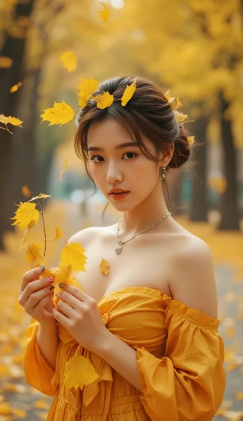 real cool beauty, excited to catch the falling leaves, glossy silky half updo, amorous expression, cortesy, elegance, dignity, c...