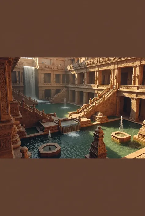 Envision an enormous, ancient South Indian bathhouse nestled within a grand palace. The architecture is inspired by the intricate beauty of traditional Indian stepwells, with a multi-layered design that seems to descend into the earth. Carved stone walls a...