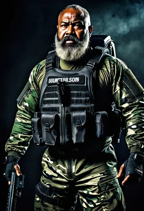 (a dark-skinned fat muscular bearded old man in an army camouflage zipper diver suit) carrying gun, muscular, Basuki Abdullah, sumatraism, action, a character portrait, heroic, fierce, snarling, dynamic action pose, fierce expression, showcasing an imposin...