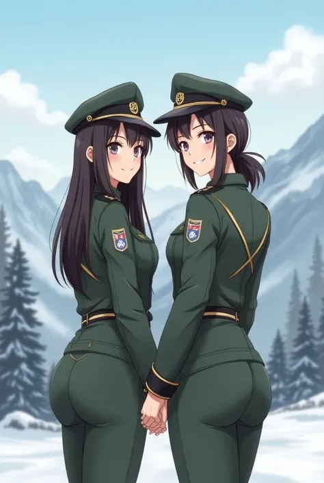 Two young Asian girls in tight military uniforms show off their buttocks..... They have beautiful eyes...., Big butt, Stand and hold hands., With a backdrop of snow-covered mountains....Smile for the camera, turn your back.