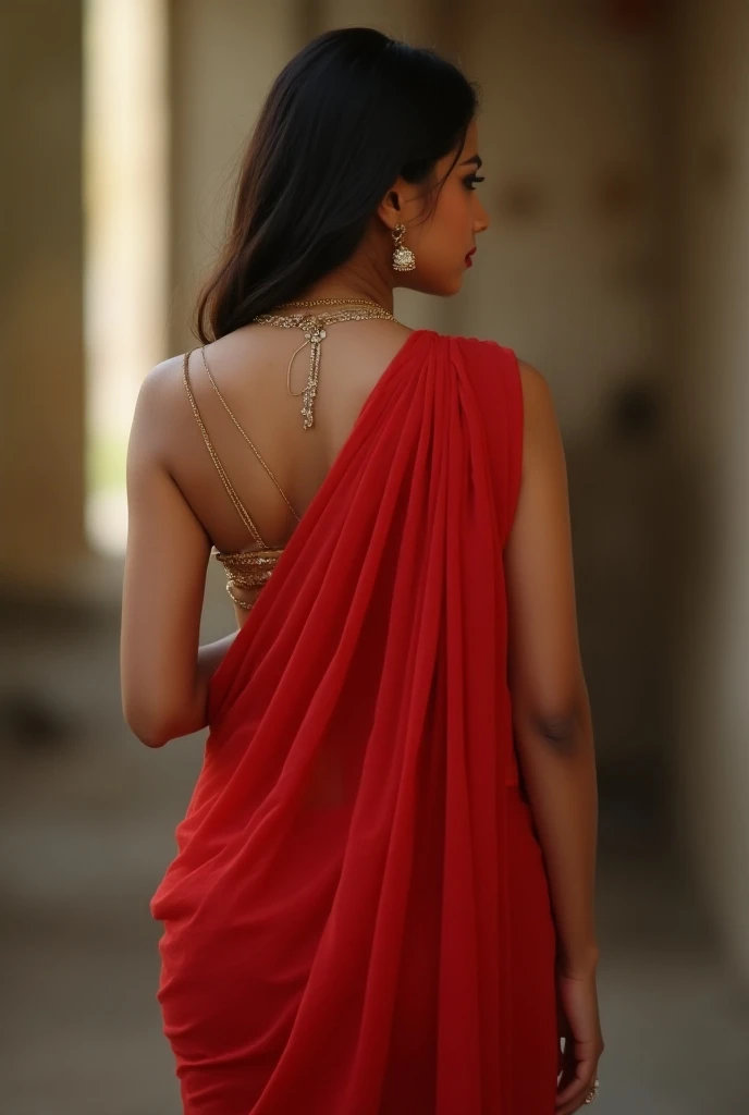 A indian girl with cleavage, in red saree, perfect body, slim, puffed ass, showing cleavage, hot nude belly back