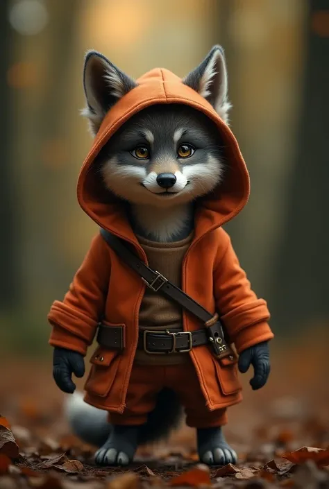 Un wolfy assassin creed, portant une tenue en coton moelleux orange, debout, mignon wolfy design and hood, wolfy sur un fond avec bokeh à thème disney, 1 wolfy, très détaillé, 8K, photorealistic, Éclairage réaliste, Couleurs vibrantes, mise au point douce,...