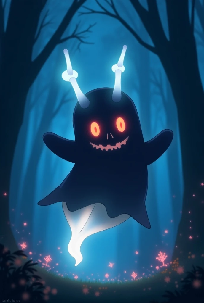  Twisted light floats happily through the air and leaves behind a glowing tail of light .  The background is a forest at night with sparkling stars and glowing plants , that underline the magical atmosphere.  Twisted light is a ghost-like Pokémon ,  which ...