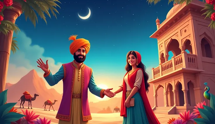 A very clear ultra HD image "A vibrant, colorful YouTube-style end screen featuring a traditional Rajasthani backdrop. The scene showcases a picturesque desert landscape with camels and sand dunes under a starry sky. In the foreground, a Rajasthani man wea...