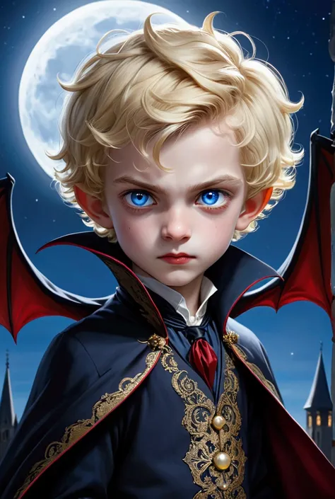  petit garçon cheveux court ondulé blond , yeux bleus avec un déguisement de vampire et une lune et une chauve souris dans le ciel. 

Un panneau écrit CELESTIN 
