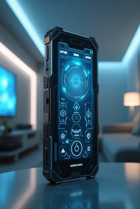 Image of a television remote control with a futuristic cyber android plasma cell phone screen 