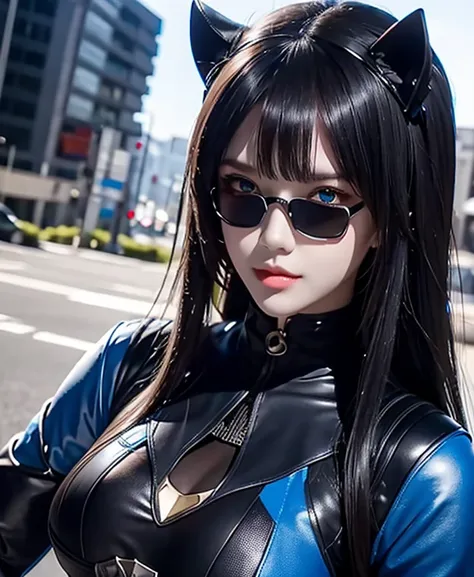 A female blue monster, blue monster suit, as she monster , full body , helmet mask, high detailed, realistic, gloves, ultra realistic, ((full face helmet)), black shield sunglasses on eyes, smart black sunglasses 