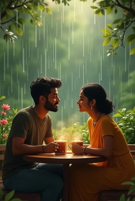 Image of a beautiful tamil couple having hot tea in rain, wearing casual dress and enjoying the rain 