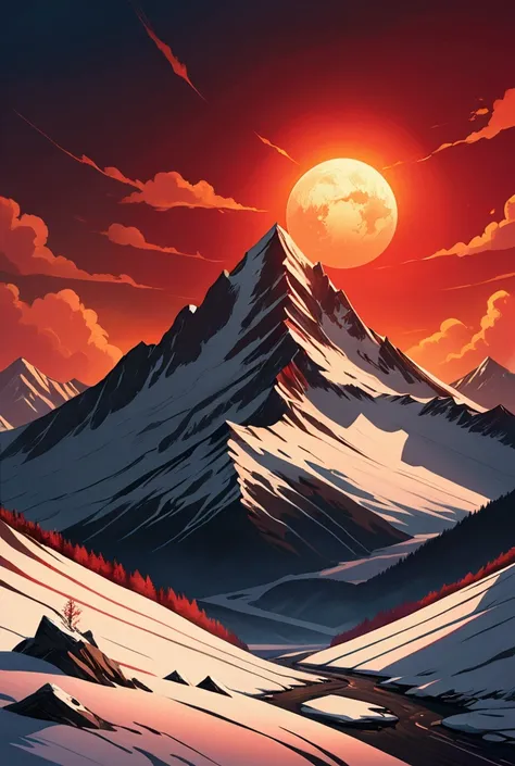 Create a dramatic digital illustration of a snow-covered mountain peak at dusk, with sharp, angular ridges and cold shadows. In the background, place a large, vivid red sun low in the sky, casting an intense warm glow. The sky should be dark and atmospheri...