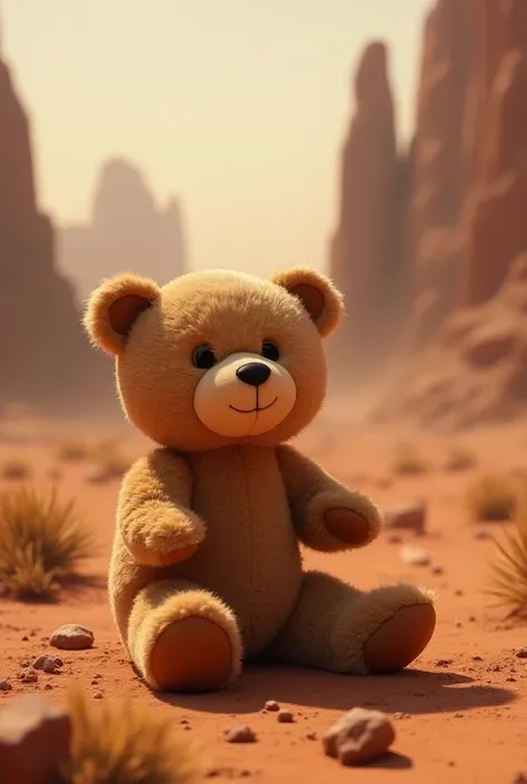 A teddy bear while pooping in Mars planet 