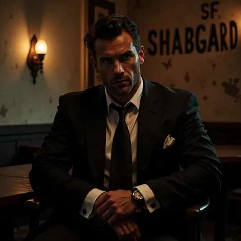 Fashion editorial photo. Close upAn angle-jawed mobster strongman in a suit sits in an old bar with SF SHABGARD written on the wall