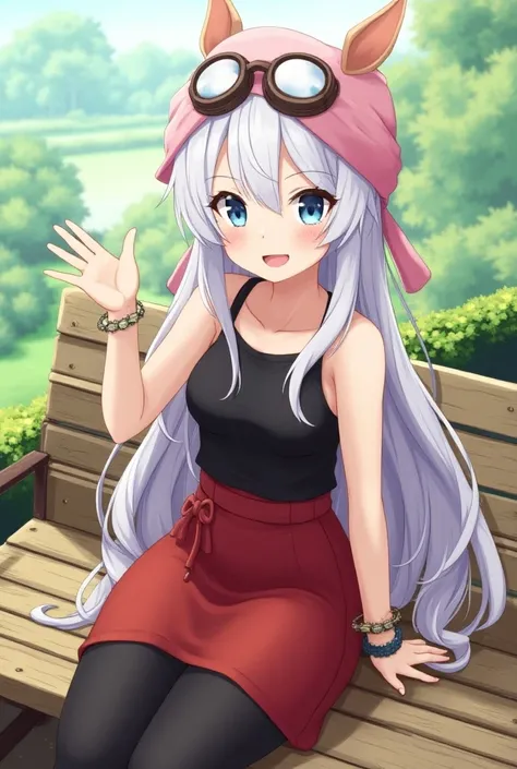 masterpiece, best quality, highres, aaserena, solo, long hair, eyewear on headwear, pink headwear, eyelashes, blue eyes, sleeveless shirt, black shirt, bracelet, high-waist skirt, red skirt, black thighhighs, sitting, smile, waving, bench, outdoors naked