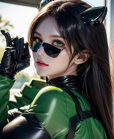 A female green monster, green monster suit, as she monster , full body , helmet mask, high detailed, realistic, gloves, ultra realistic, ((full face helmet)), black shield sunglasses on eyes, smart black sunglasses 