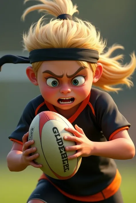 Garçon enfant 8 ans énervé cheveux long et blond attaché en queue de cheval avec un bandeau fin noir devant avec une tenue de rugby noir et orange en tenant un ballon de rugby avec écrit Gilbert dessus