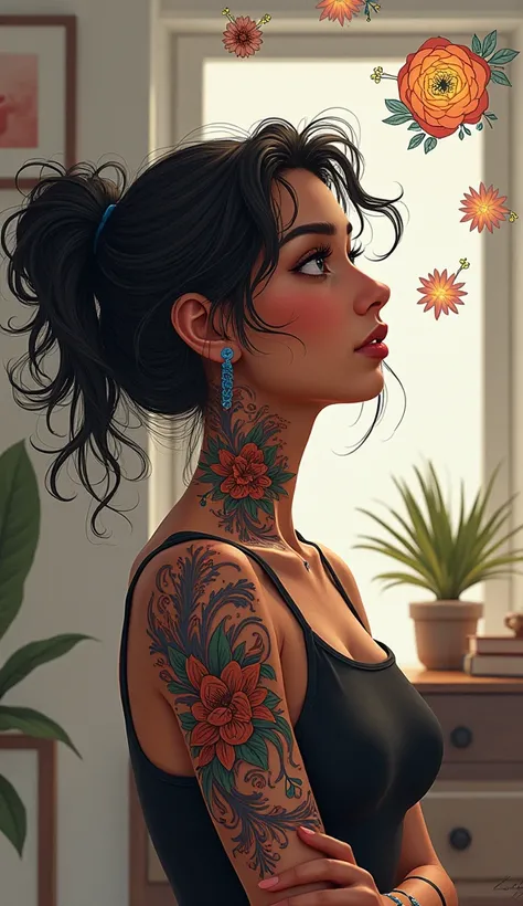 A young woman named Radhika, excitedly thinking about getting a tattoo, with various tattoo designs swirling around her mind, set in a modern environment.