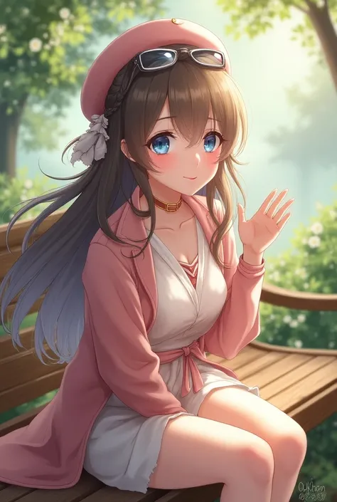 masterpiece, best quality, highres, aaserena, solo, long hair, eyewear on headwear, pink headwear, eyelashes, blue eyes, sitting, smile, waving, bench, outdoors naked