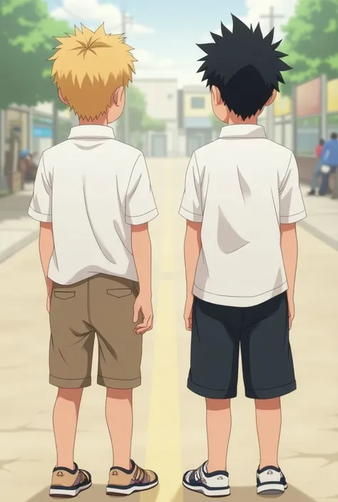 two boy wearing a polo shirt white short black and the other boy is wearing polo shirt White and brown short and one blond and black hair teenager white skin full body facing thier back at you , blond hair goes first