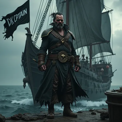 A fierce and angry one-eyed pirate captain standing on a scary black ship with the name DK CPTIAN written on the flag