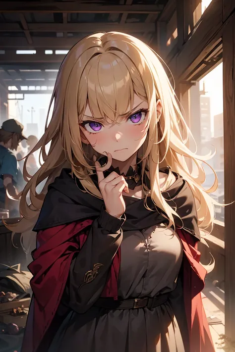 masterpiece, high quality, perfect face, 1 person, 1 girl, fantasy, slum, dirty, torn crimson cloak, dirty clothes, wavy blonde hair, purple eyes, annoyed face