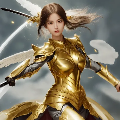 A woman in the form of a swordsman
I have a sword
The figure of an angel
Im wearing armor
The face is beautiful and well-groomed
Its shining brightly in gold