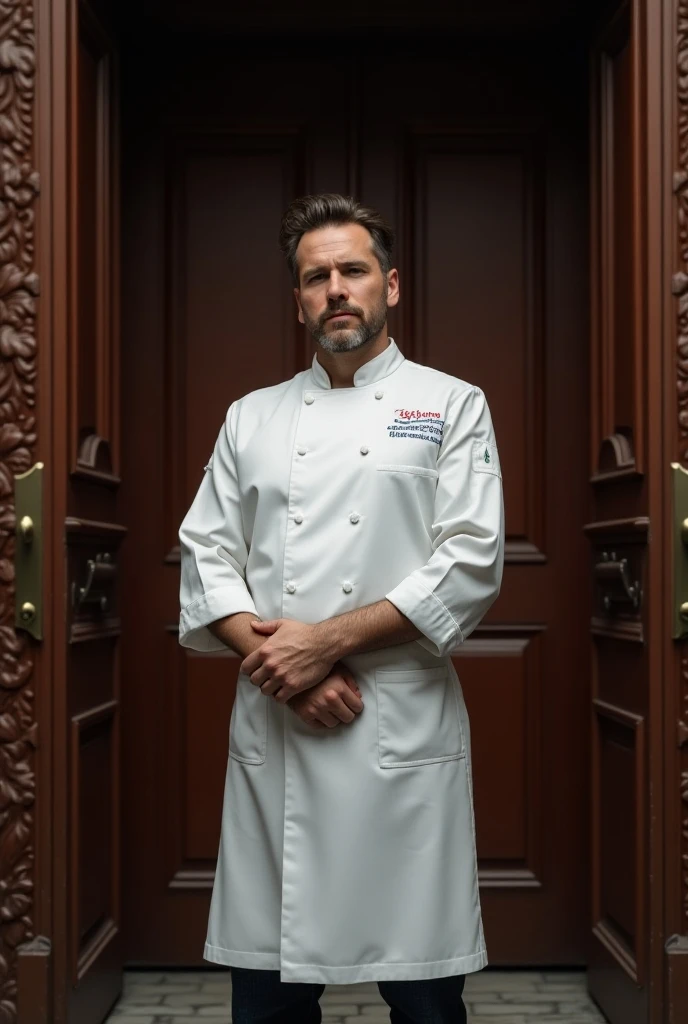 A chef standing in front of a big brown colour door