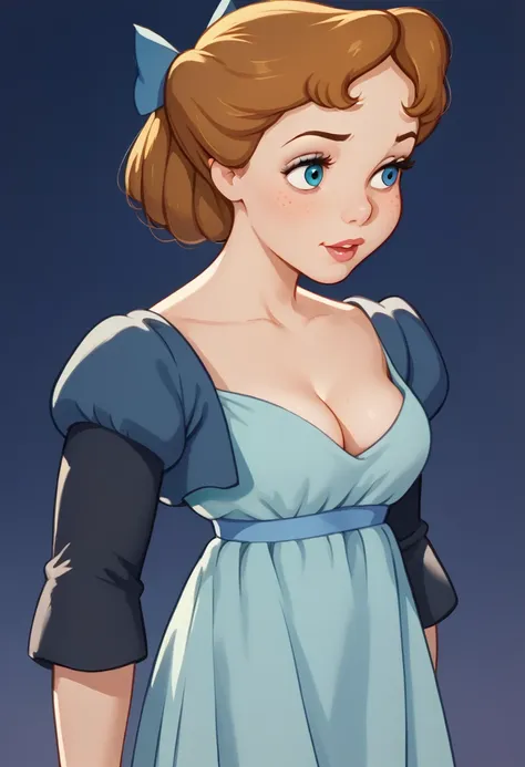 classic disney animation, disney renaissance, teenage wendy, blue night dress, little round breasts, cleavage, blonde hair, pale...