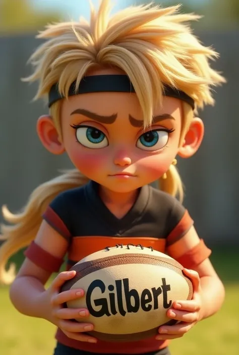 Personnage Disney Garçon enfant 8 ans  yeux bleu énervé cheveux long et blond attaché en queue de cheval avec un bandeau fin noir devant avec une tenue de rugby noir et orange en tenant un ballon de rugby avec écrit Gilbert dessus