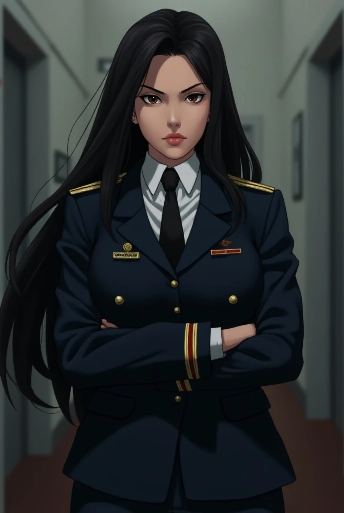 Female, , black hair, wear uniform  