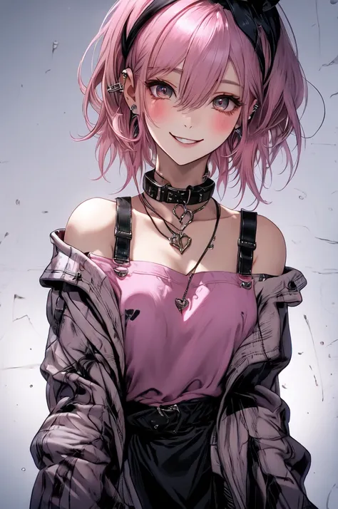 masterpiece,    best quality,Alone,  Pink Hair,Short Bob, Shiny,   cool girl   ,Heart Earrings,friendly smile,