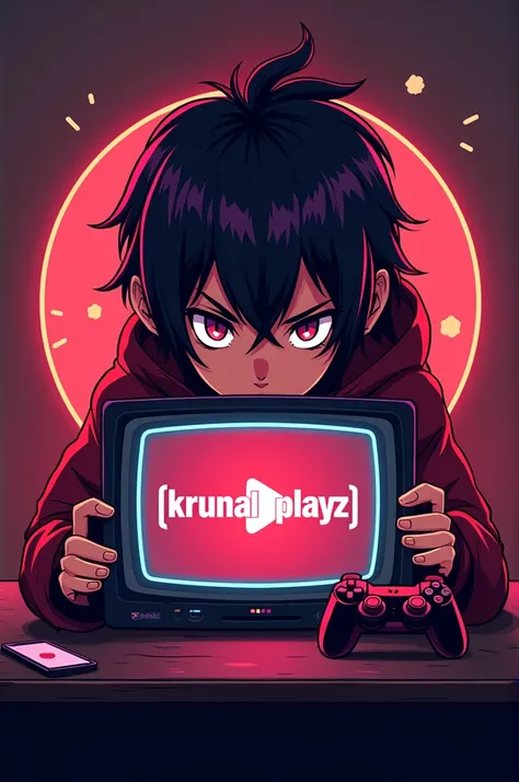 "Design a modern YouTube gaming logo featuring an anime-style character watching a video on a glowing screen. The video should display [KRUNAL PLAYZ] in a bold, futuristic font, clearly visible on the screen. The anime character should have sharp, expressi...