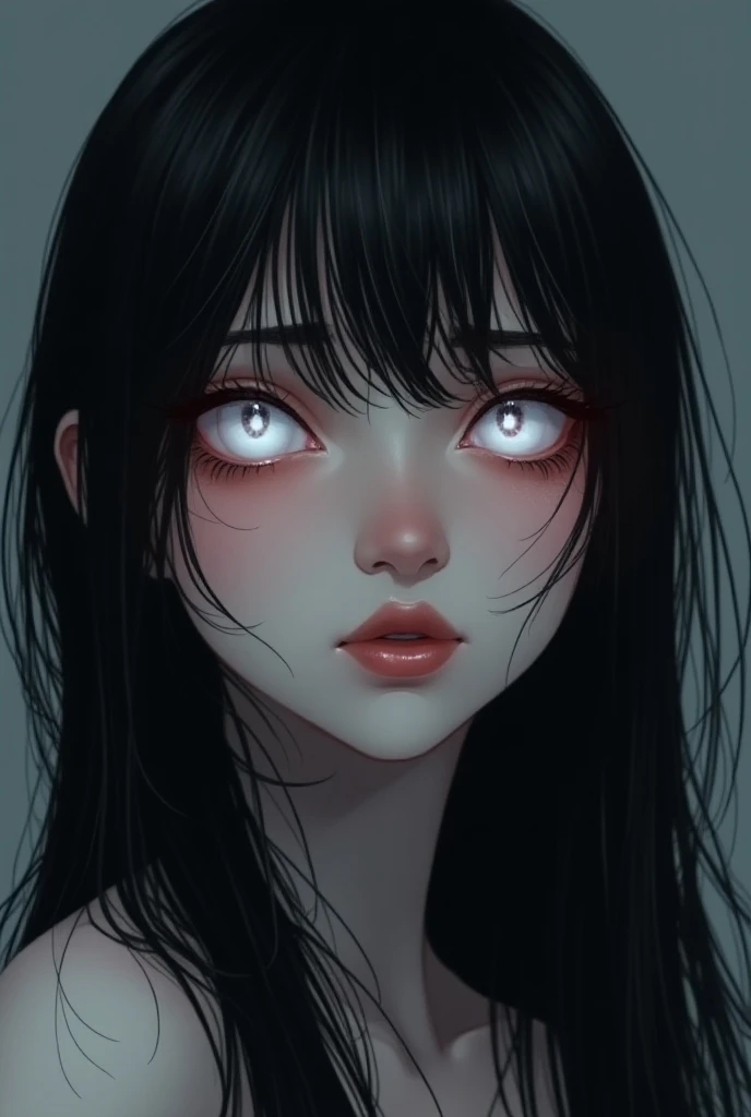 Draw me a woman with black hair with white eyes lifeless eyes beautiful face moon eyes 2 pink eyelids anime images face with a little scared flat top