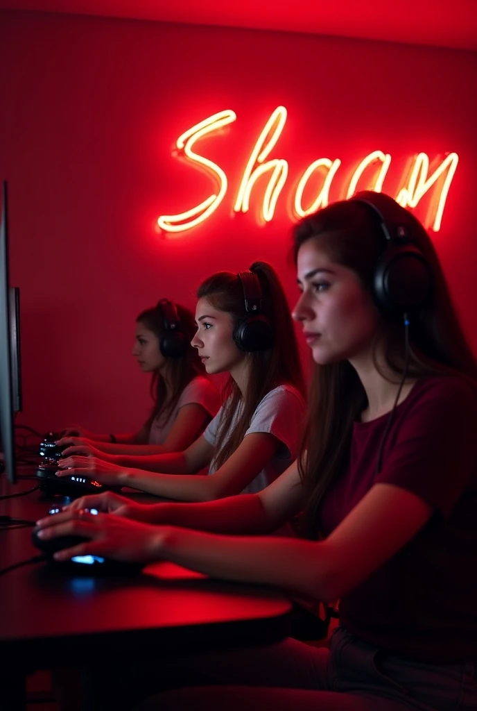 Women siting on gaming room with red neon lights on wall written shaan