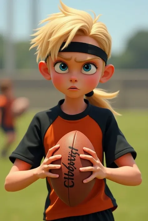 Personnage Disney Garçon enfant 8 ans  yeux bleu énervé cheveux long et blond attaché en queue de cheval avec un bandeau fin noir devant avec une tenue de rugby noir et orange en tenant un ballon de rugby avec écrit Gilbert dessus