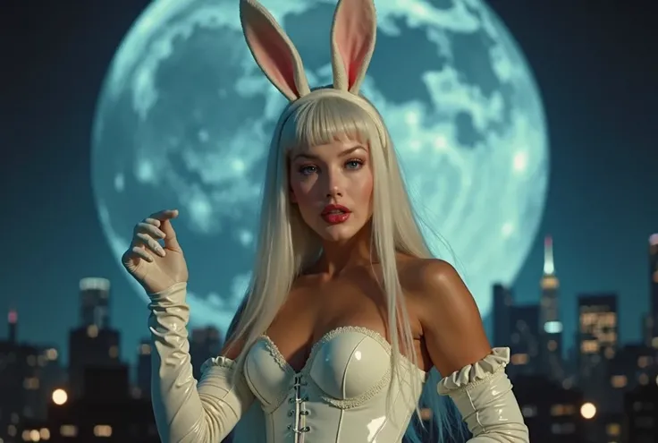 Screenshot of Super Panavision 70 movie from 1950s. Retro in color. sexy woman dressed in sexy outfit White Rabbit from DC,  looking at the camera , poses for the camera and shows her very big boobs against the backdrop of the moon of the night Gotham City...