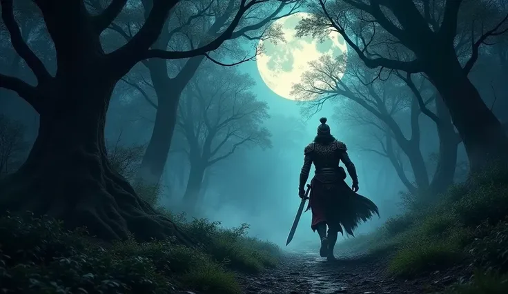 Raja Vikramaditya Walking Through the Dark Forest: A moonlit night with dense trees surrounding the path. Vikramaditya, dressed in royal warrior attire, is walking confidently, holding his sword, as shadows loom in the background.