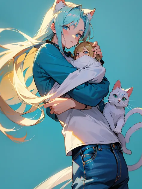 An anime-style boy with light blue hair and cat-like ears is holding a kitten. And there was an anime-style girl with long blonde hair and wearing jeans. Both of them have bright faces. and are having fun The background is a simple blue color. The backgrou...