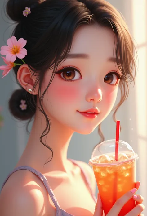 A close-up of a girl，Holding a drink and a flower in his hair, cute beautiful, Chinese girl, Very beautiful girl, beautiful lovely, girl cute-fine face, Realistic cute girl painting, with cute - fine - face, adorable digital art, Cute young girl, Cute girl...