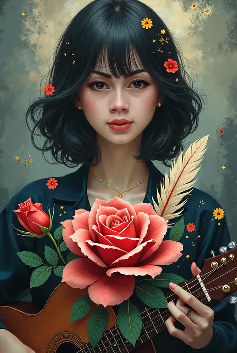 Create a symmetrial, fantastic, hypnotic, memorable, poetic logo of a beauty medium body woman guitarist black smooth silky medium hair with bang and a special roses As a symbol. create a feather as the special symbol in front for a creative brand called t...