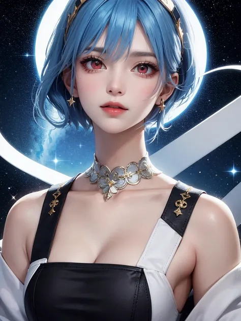 masterpiece, Best Quality, 8k,  detailed skin texture , Detailed cloth texture,  beautiful detailed face ,  complicated details, Super detailed, Portrait of Rei Ayanami,Pixieカット, Blue Hair, Red eyes, 頭にBlack accessories,Red eyes，Light blue starry backgroun...