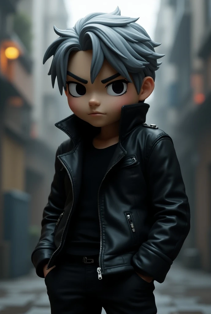 Minecraft character, gray hair, black eyes, wearing a black jacket, black pants, red shoes