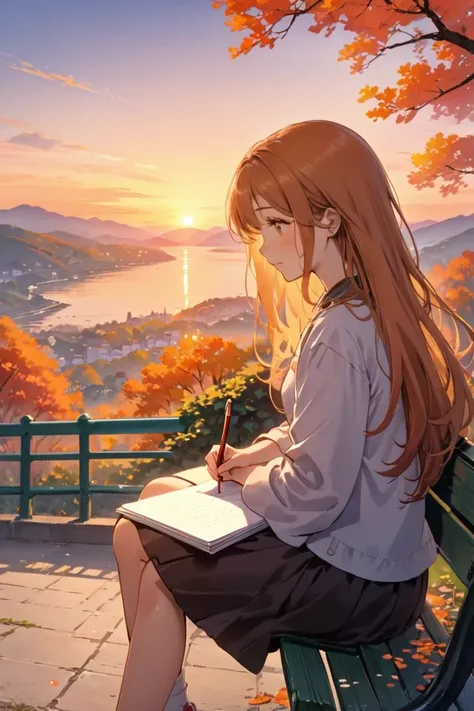 Girl, Sitting on a park bench at sunset ,Soft long hair, An expression where you can feel sadness and a little bit of hope , The orange light of the sunset gently illuminates her face ,Colored trees all around々or、 A hill that can be seen in the distance ,A...