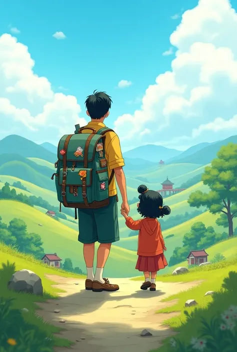 An image of a Japanese landscape in animated style ,  with a father and daughter on the back carrying a travel backpack