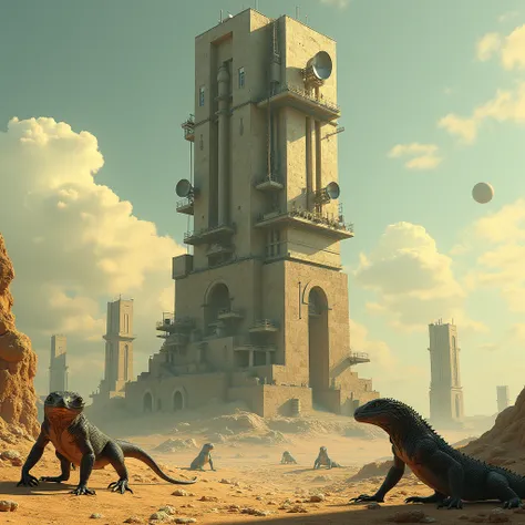 (photorealism:1.2), The tall ancient stone tower is equipped with many modern satellite antennas, radio antennas, and interplanetary transmitters. the tower is surrounded by alien humanoid lizards, realistic, intricate details, warm colors, by Greg Rutkows...