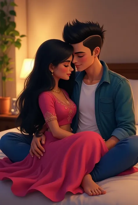 Indian beautiful teenage girl and handsome teenage boy 20 years old girl black long hair and boy black Mohawk  hair girl pink lehenga choli and boy blue jeans and white tshirt and blue jacket girl sitting in the boy leg badroom